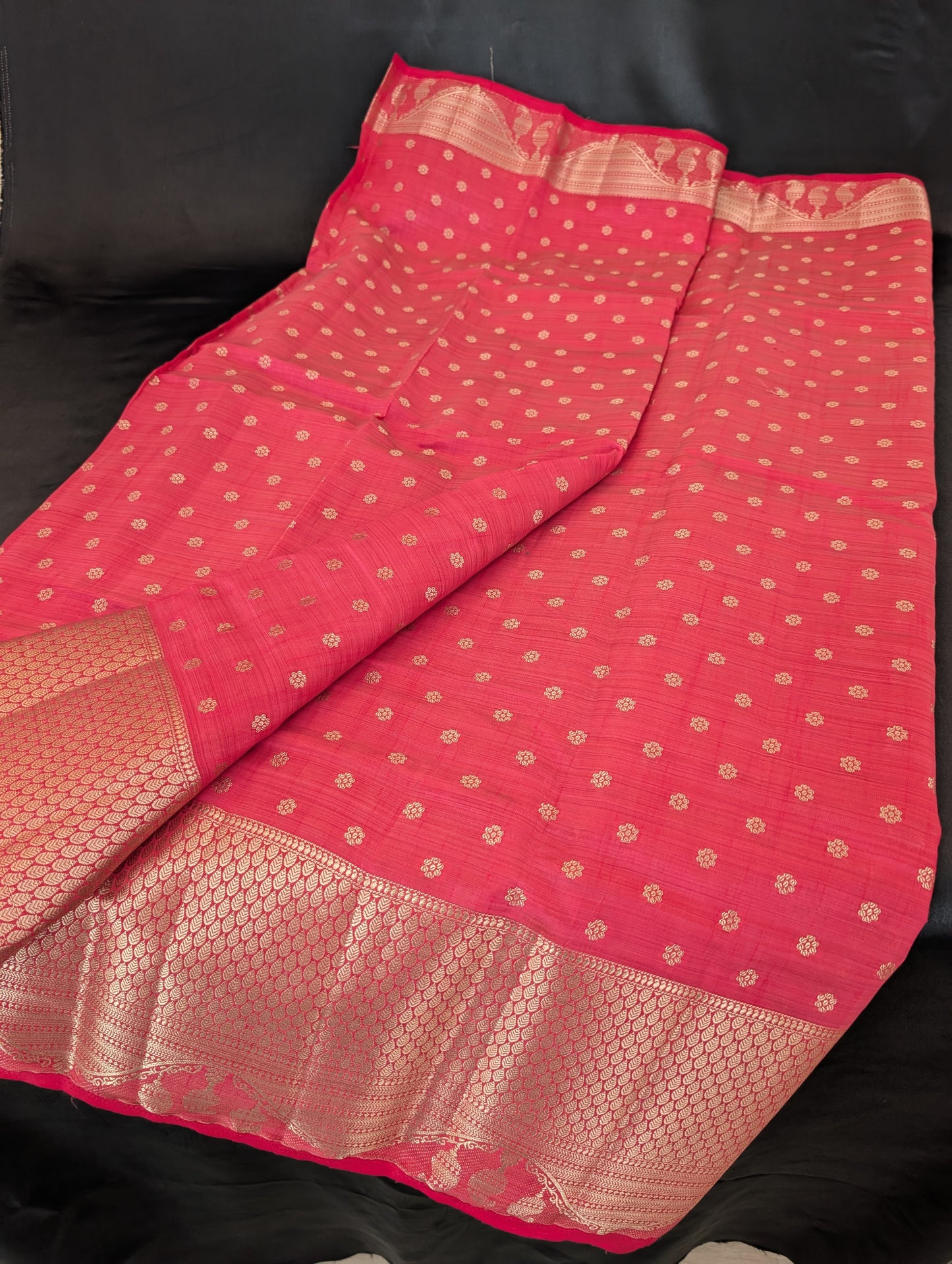 Stunning pink saree with elegant gold designs and a rich, thick gold border — full set