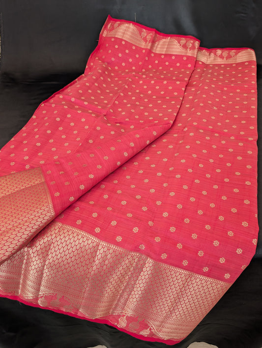 Stunning pink saree with elegant gold designs and a rich, thick gold border — full set