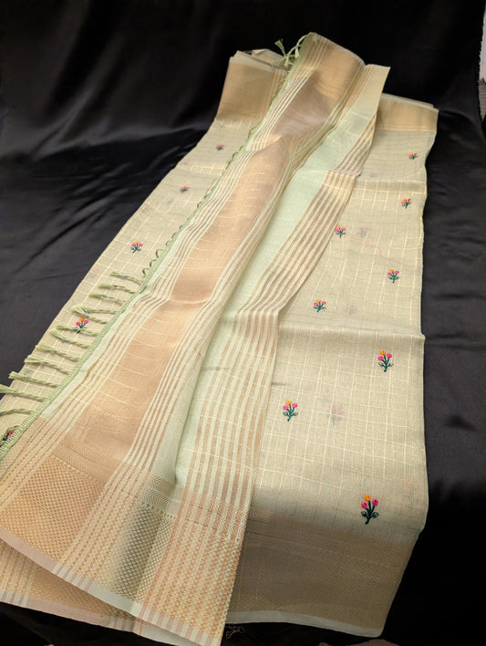 Green Designer Saree  – Floral & Gold Checkers - Full Set