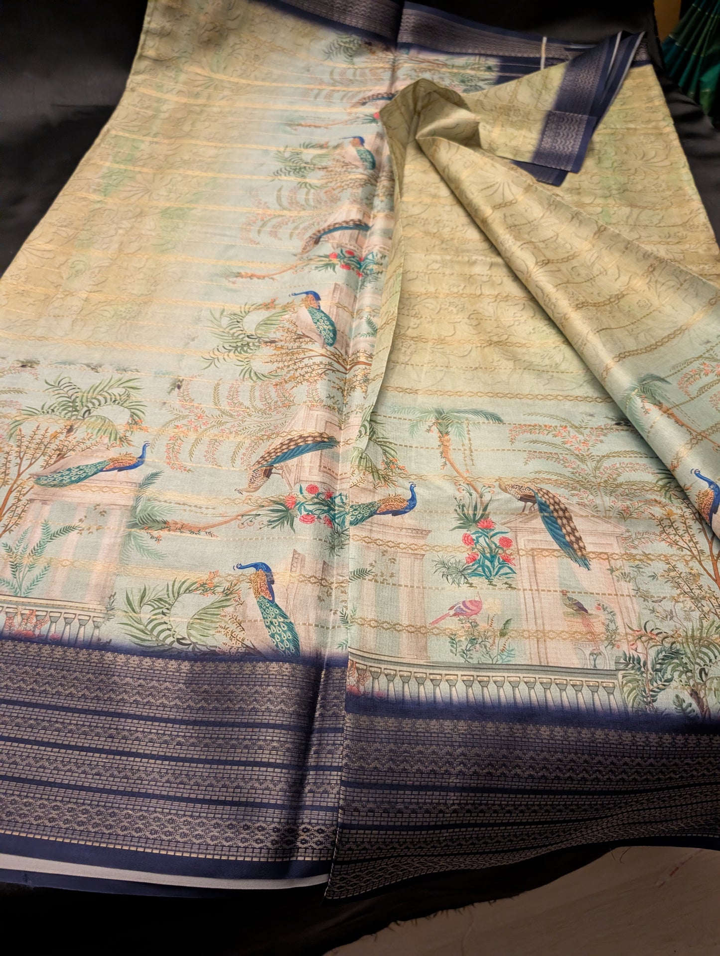 Light Blue to Yellow Designer Saree with Peacock Print & Navy Border – Full Set