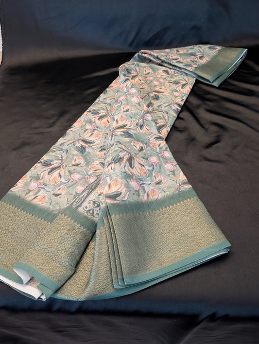 Green Pine Designer Print Saree with Bronze Border – Full Set