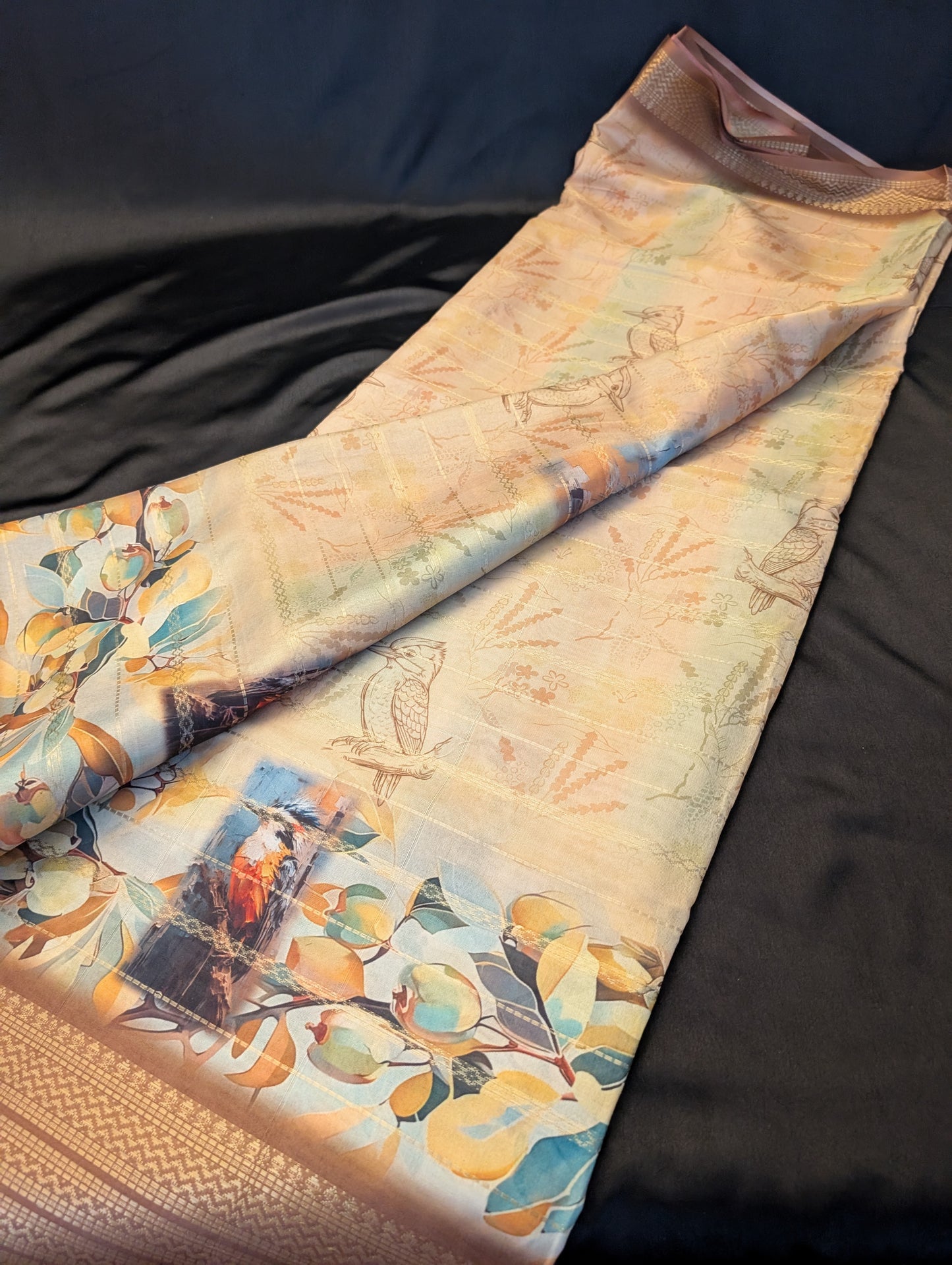 Brown-Beige Designer Saree with Bird & Tree Print – Full Set