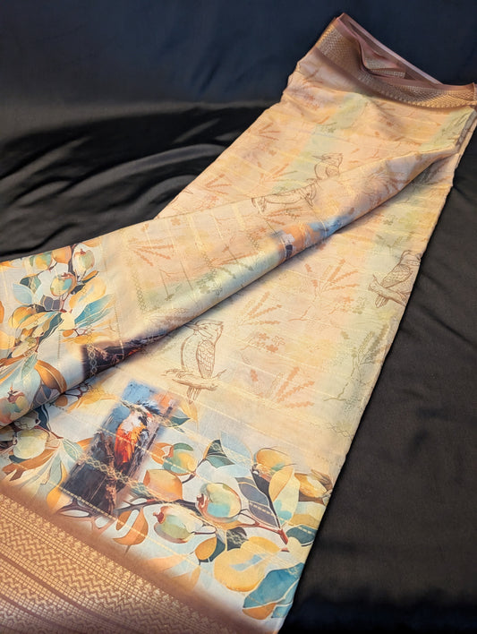 Brown-Beige Designer Saree with Bird & Tree Print – Full Set