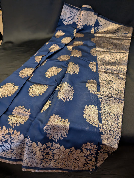 Navy Blue With Bronze Work Designer Saree – Full Set