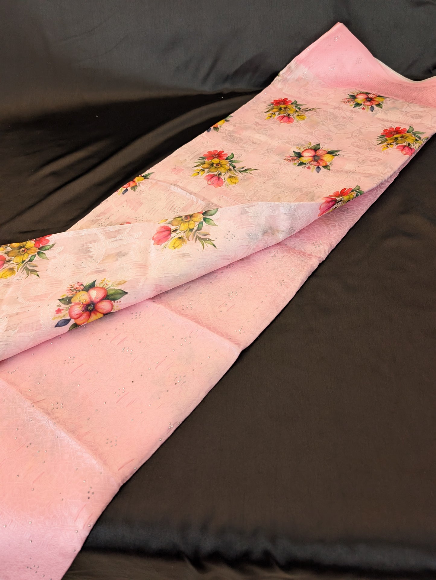 Pink Designer Saree with Silver Work & Floral Accents – Full Set