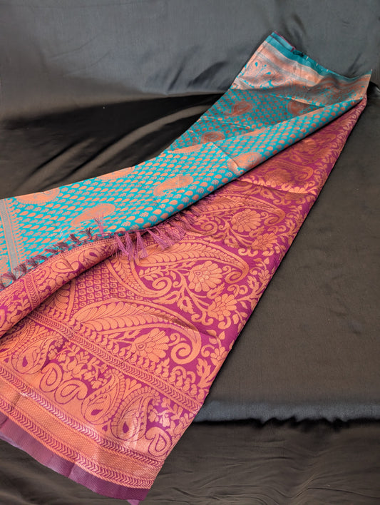 Teal Blue Designer Saree with Bronze Designs & Purple Headpiece – Full Set