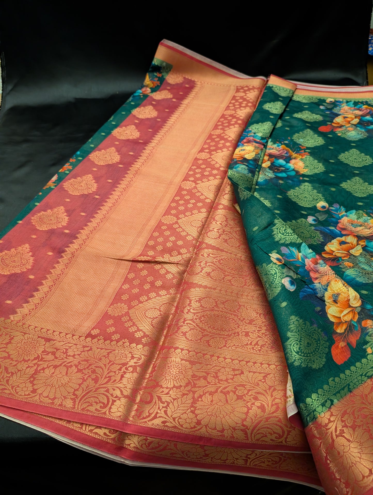 Green Floral Designer Saree with Rose Red Border Gold/Bronze work – Full Set
