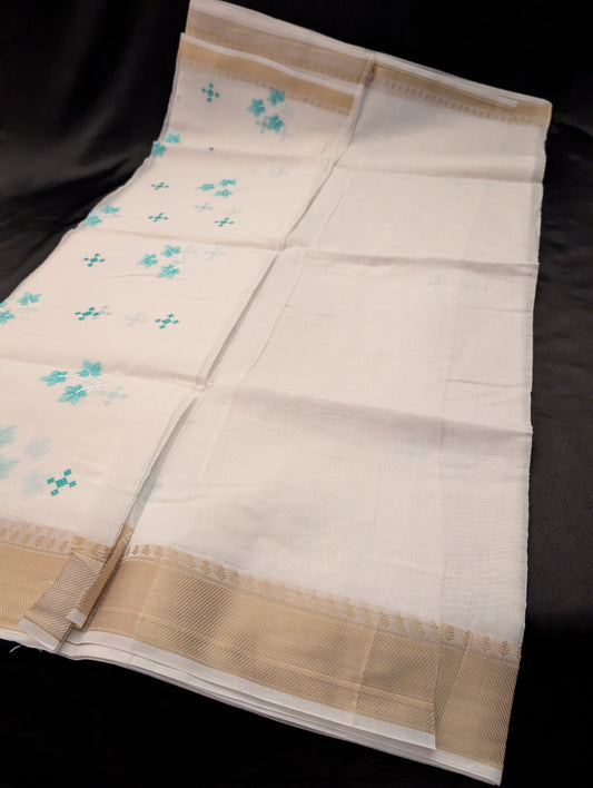 Kerala White Designer Saree – Teal Thread & Gold Border - Full Set