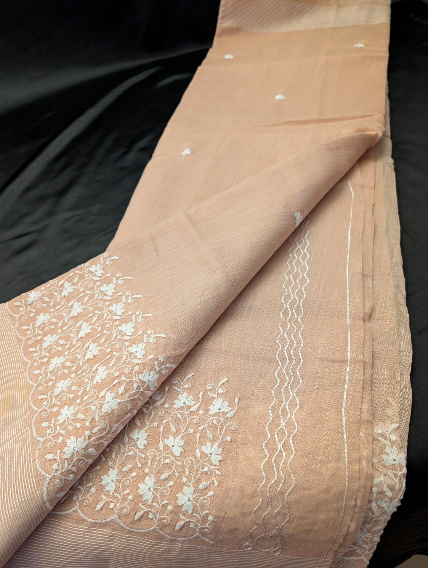 Pink Peach Designer Saree with White Thread Work – Full Set