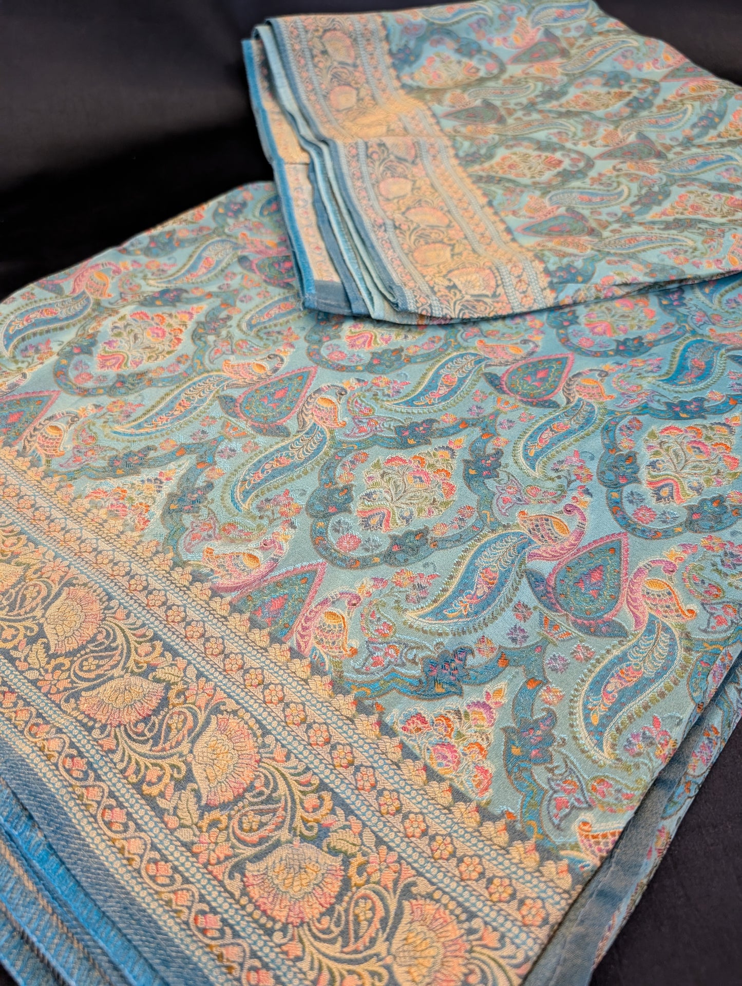 Blue Teal Designer Saree with Peacock Art Work in Pink, Red and Purple